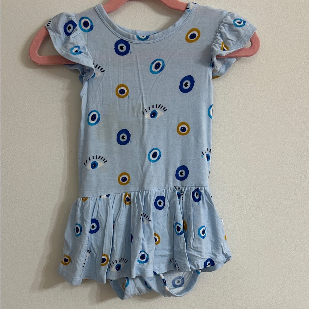 Light Blue Eye Print Flutter Sleeve Dress with Built-in Bloomers Posh Peanut